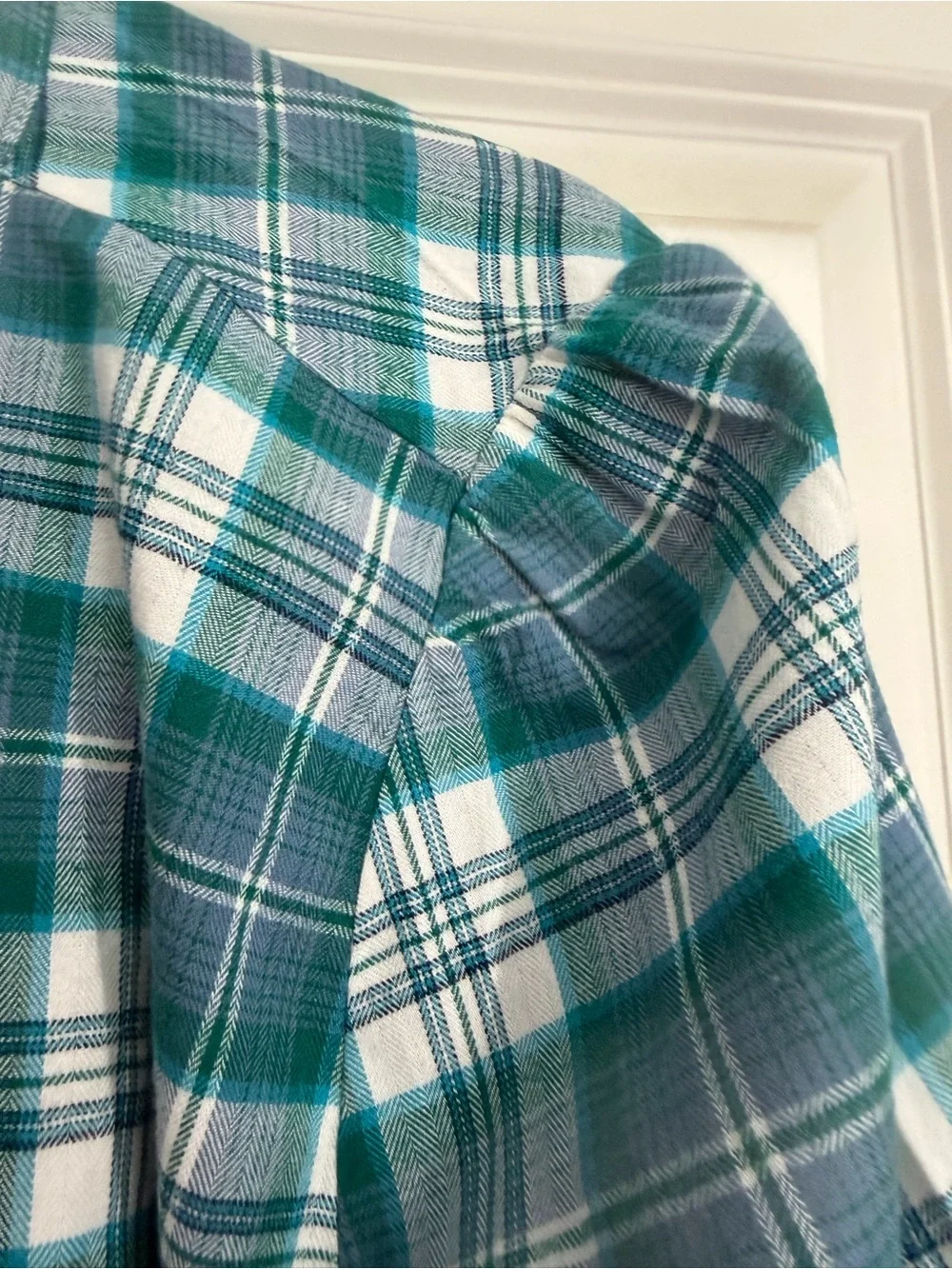 LOFT Ruffled Flannel  Blouse Teal/Blue/Cream